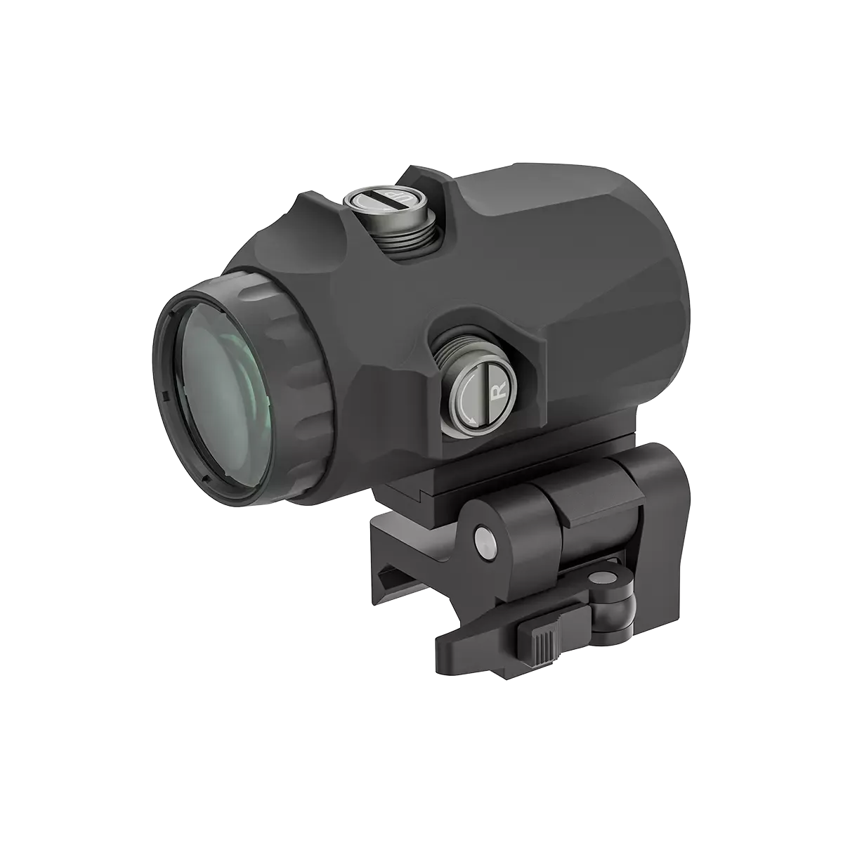 Rückansicht des Maverick-IV 3x22 Magnifier mit Justierschrauben für ≥ 90 MOA Anpassung, robustes Design für taktische Anwendungen.