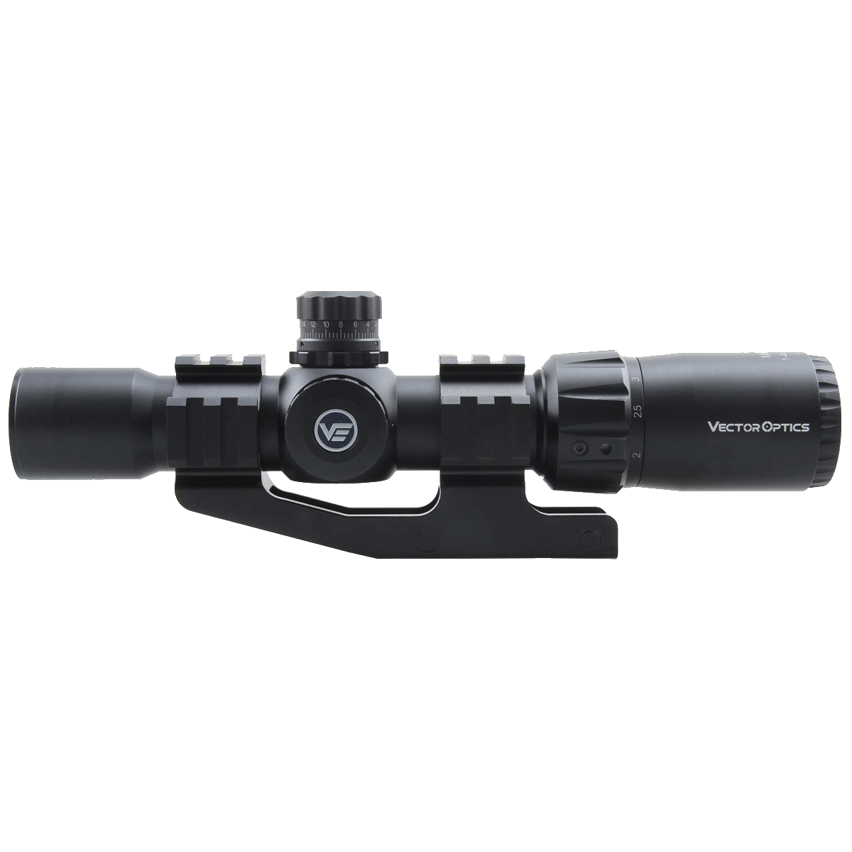 Seitenansicht des Mustang 1-4×30 SFP Zielfernrohrs mit 30 mm Tubus und taktischer Picatinny-Montage für präzise Zieloptik.