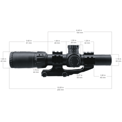 Technische Maße des Mustang 1-4x24 FFP Zielfernrohrs von Vector Optics mit detaillierten Abmessungen für präzise Waffenmontage.