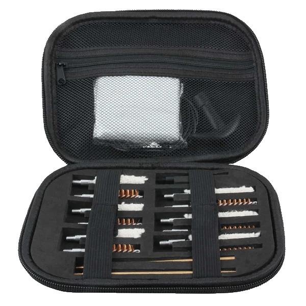 Universal Waffenreinigungsset - 19tlg Vector Optics in kompakter Tasche mit Netzfach, ideal für Gewehr- und Pistolenpflege unterwegs.