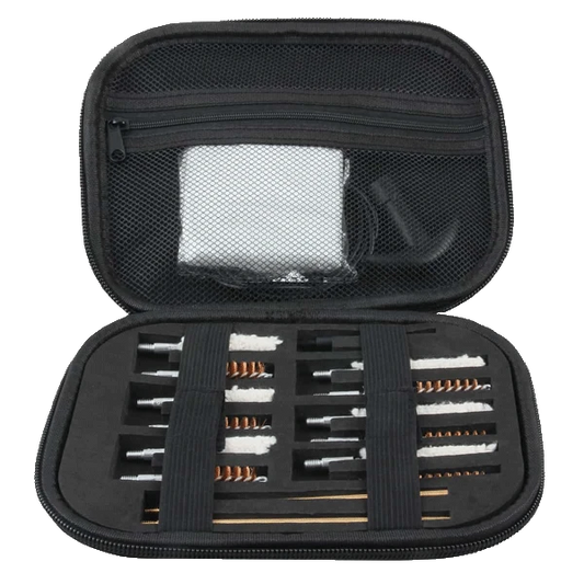 Universal Waffenreinigungsset - 19tlg Vector Optics in kompakter Tasche mit Netzfach, ideal für Gewehr- und Pistolenpflege unterwegs.