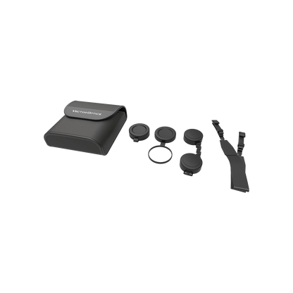Zubehörset zum Paragon 8x42 HD Fernglas mit Tragetasche, Objektivdeckeln, Trageriemen und Schutzkappen für den Outdoor-Einsatz.