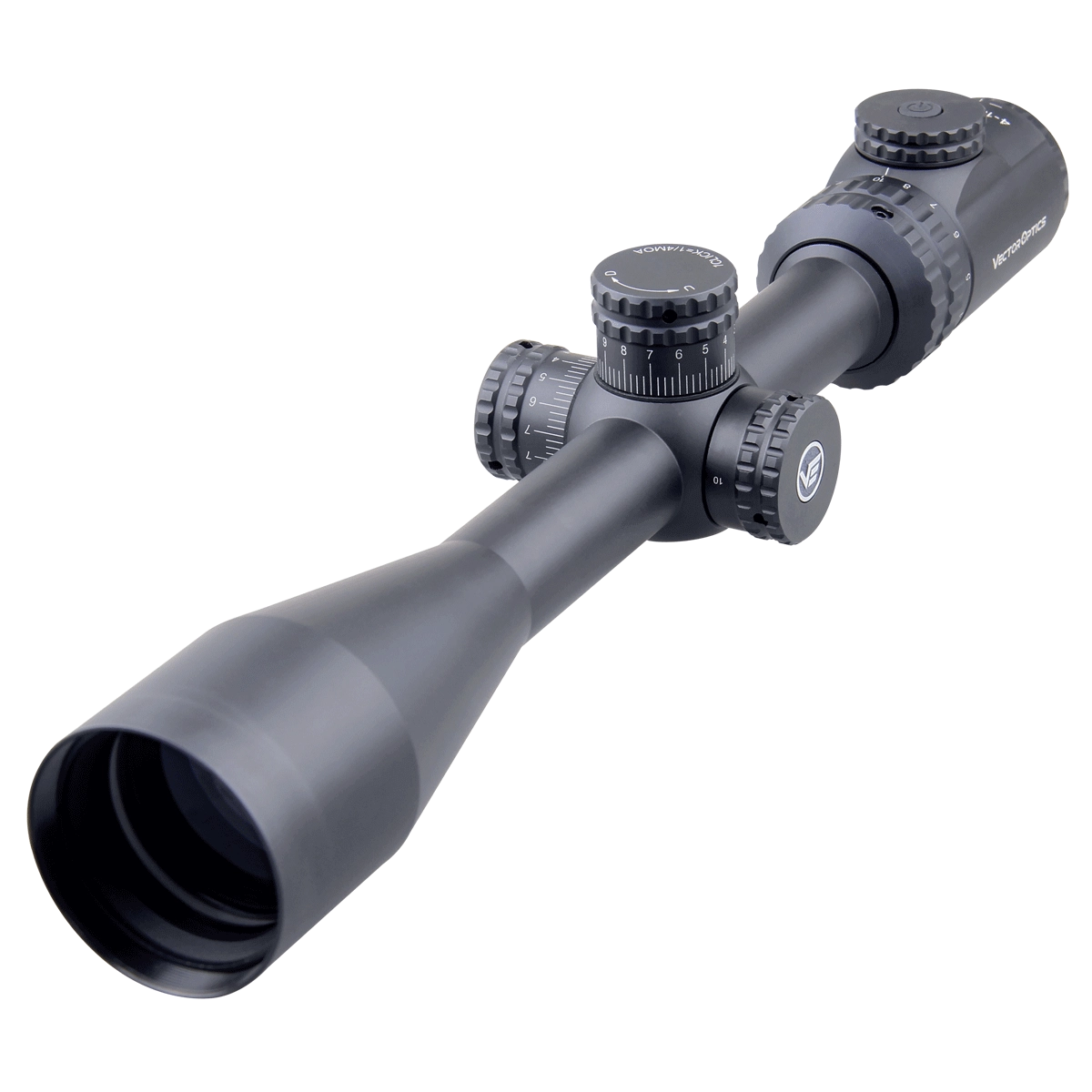 Seitliche Perspektive des Hugo 4-16x44GT SFP Zielfernrohrs mit taktischen Türmen und robustem Gehäuse für höchste Zielgenauigkeit.