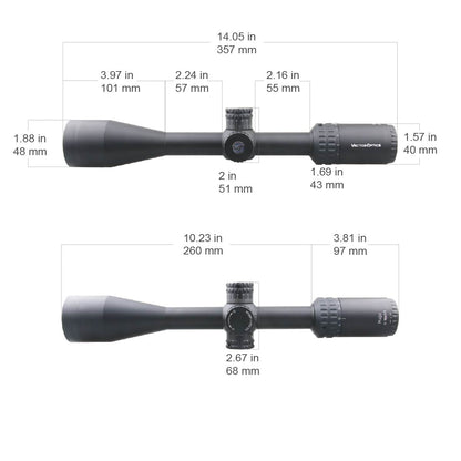 Maßzeichnung des Hugo 4-16x44 SFP SCOL-29 Zielfernrohrs mit detaillierten Abmessungen für optimale Montage auf Jagdwaffen.