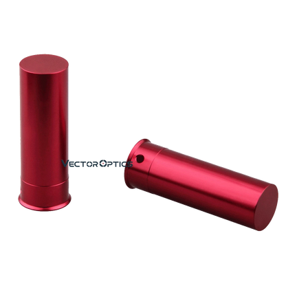 Zwei kurze, zylindrische Snap Caps aus rotem Aluminium für Schrotflinten. Perfekt für sicheres Übungsschießen.