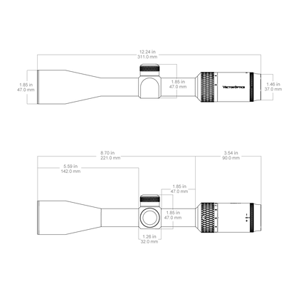 Technische Zeichnung des Matiz 3–9×40 SFP Zielfernrohrs mit genauen Abmessungen für präzise Montageplanung.