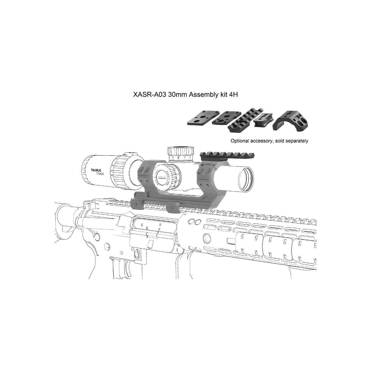 Explosionszeichnung der Cantilever-Montage mit Zubehörteilen und Montageposition auf Waffe, ideal für taktische Optiklösungen.