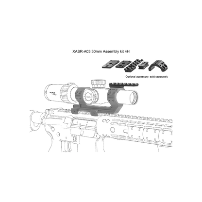 Explosionszeichnung der Cantilever-Montage mit Zubehörteilen und Montageposition auf Waffe, ideal für taktische Optiklösungen.