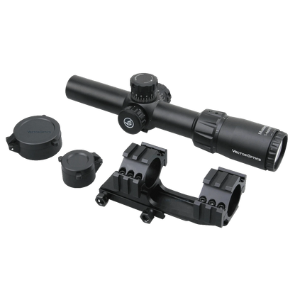Vector Optics Mustang 1-4x24 FFP Zielfernrohr mit Zubehör wie Flip-Caps und Montagehalterung, ideal für taktische Schützen und Jäger.