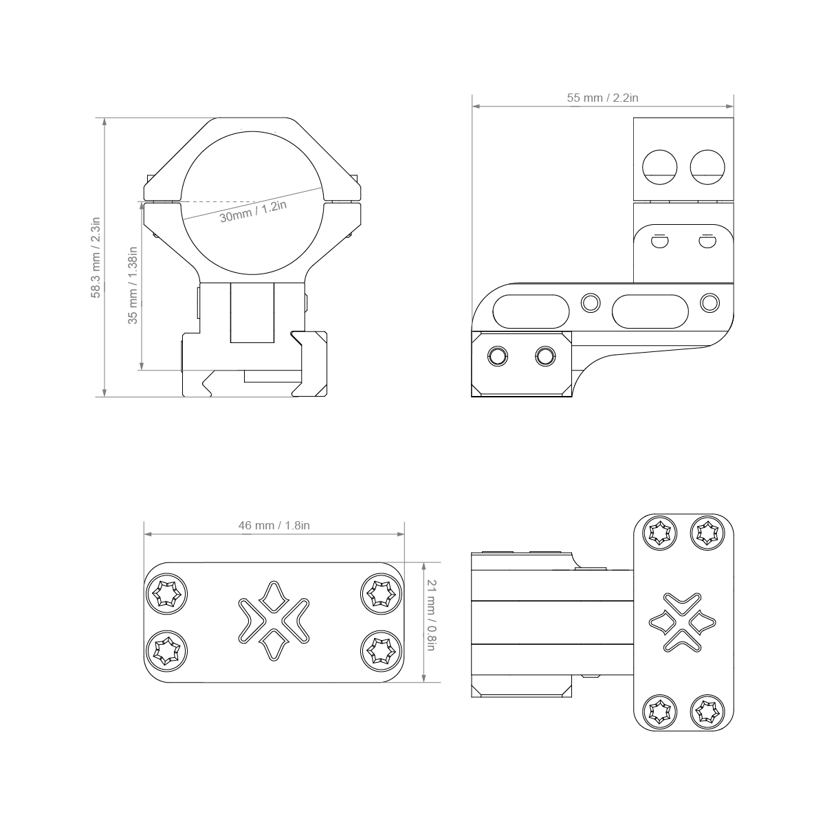 Technische Zeichnung der Alu-Ringe Cantilever XASR-3060 mit Maßangaben für Montage auf 21mm Picatinny-Schienen und 30mm Zielfernrohre.