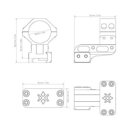 Technische Zeichnung der Alu-Ringe Cantilever XASR-3060 mit Maßangaben für Montage auf 21mm Picatinny-Schienen und 30mm Zielfernrohre.