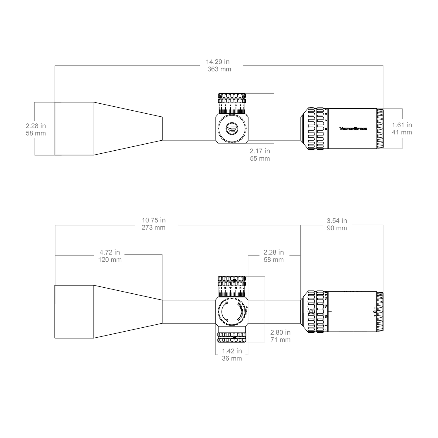 Technische Zeichnung des Hugo 6-24x50 SFP Zielfernrohrs mit detaillierten Abmessungen in Zoll und Millimetern für Montageplanung.