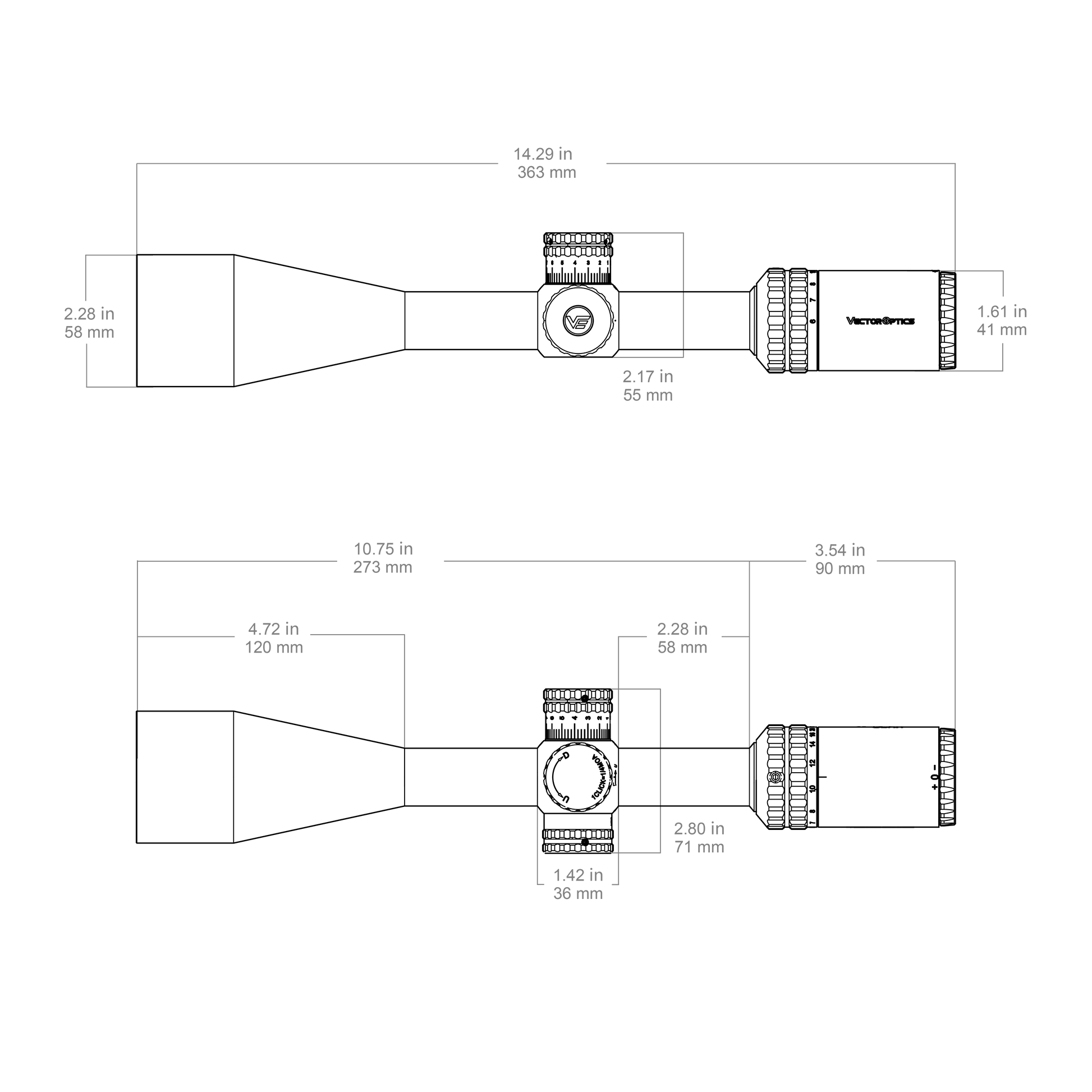 Technische Zeichnung des Hugo 6-24x50 SFP Zielfernrohrs mit detaillierten Abmessungen in Zoll und Millimetern für Montageplanung.