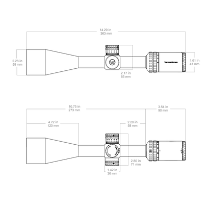 Technische Zeichnung des Hugo 6-24x50 SFP Zielfernrohrs mit detaillierten Abmessungen in Zoll und Millimetern für Montageplanung.