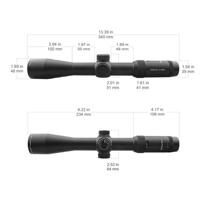 Technische Zeichnung des Forester 2–10×40 SFP Zielfernrohrs mit genauen Abmessungen für Montage und Kompatibilität mit Waffenoptiken.