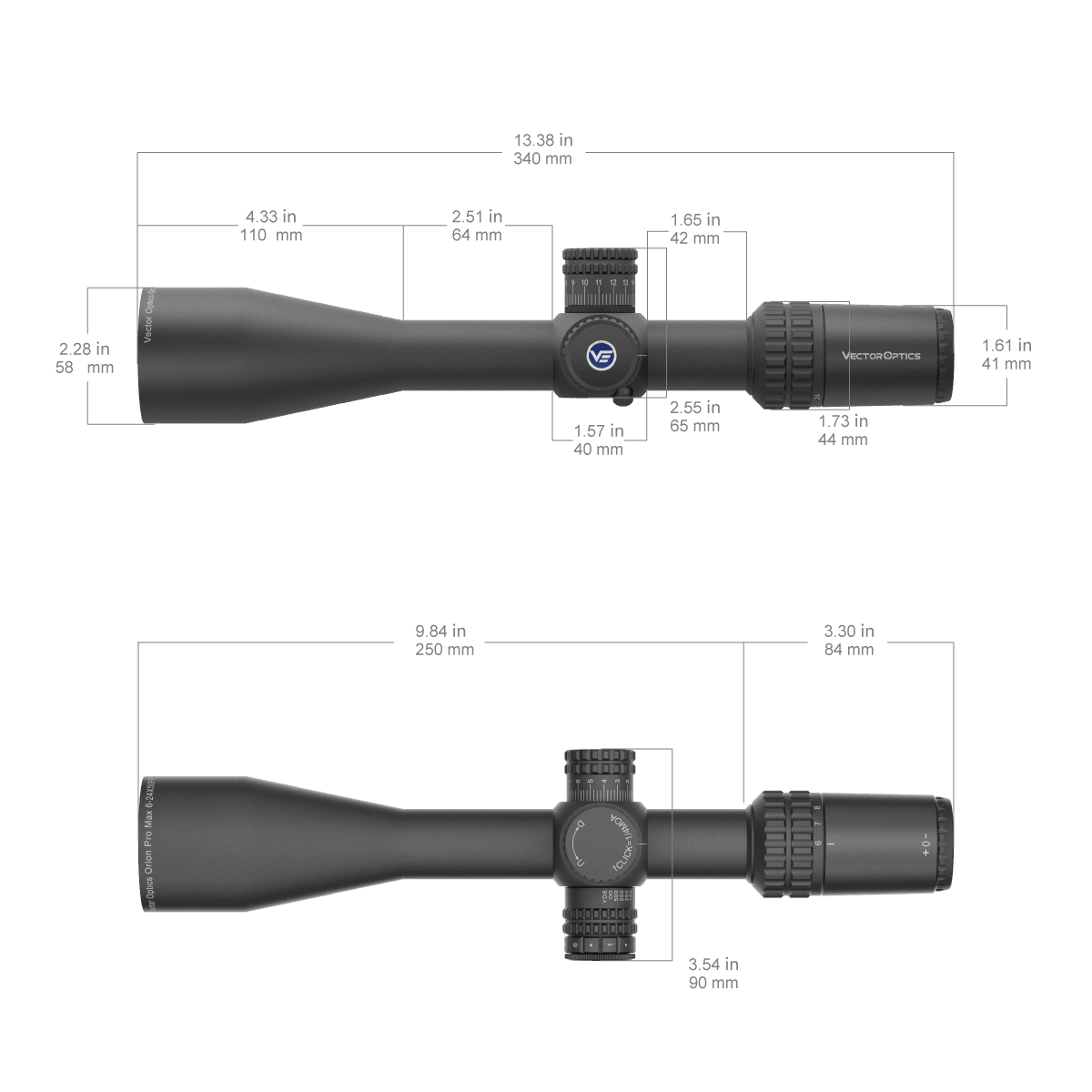 Technische Zeichnung des Orion Pro Max 6-24X50 FFP Zielfernrohrs mit genauen Abmessungen für Montage und Kompatibilität.