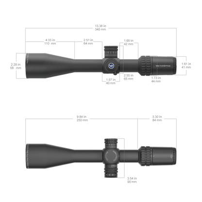 Technische Zeichnung des Orion Pro Max 6-24X50 FFP Zielfernrohrs mit genauen Abmessungen für Montage und Kompatibilität.