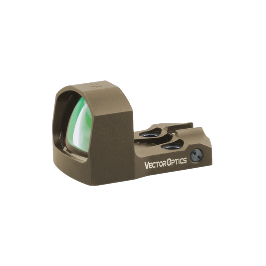 Frenzy-S 1x17x24 Reflex Sight von Vector Optics in braunem 6061-T6 Aluminiumgehäuse mit IPX6 Wasserschutz für präzise Jagdanwendungen.