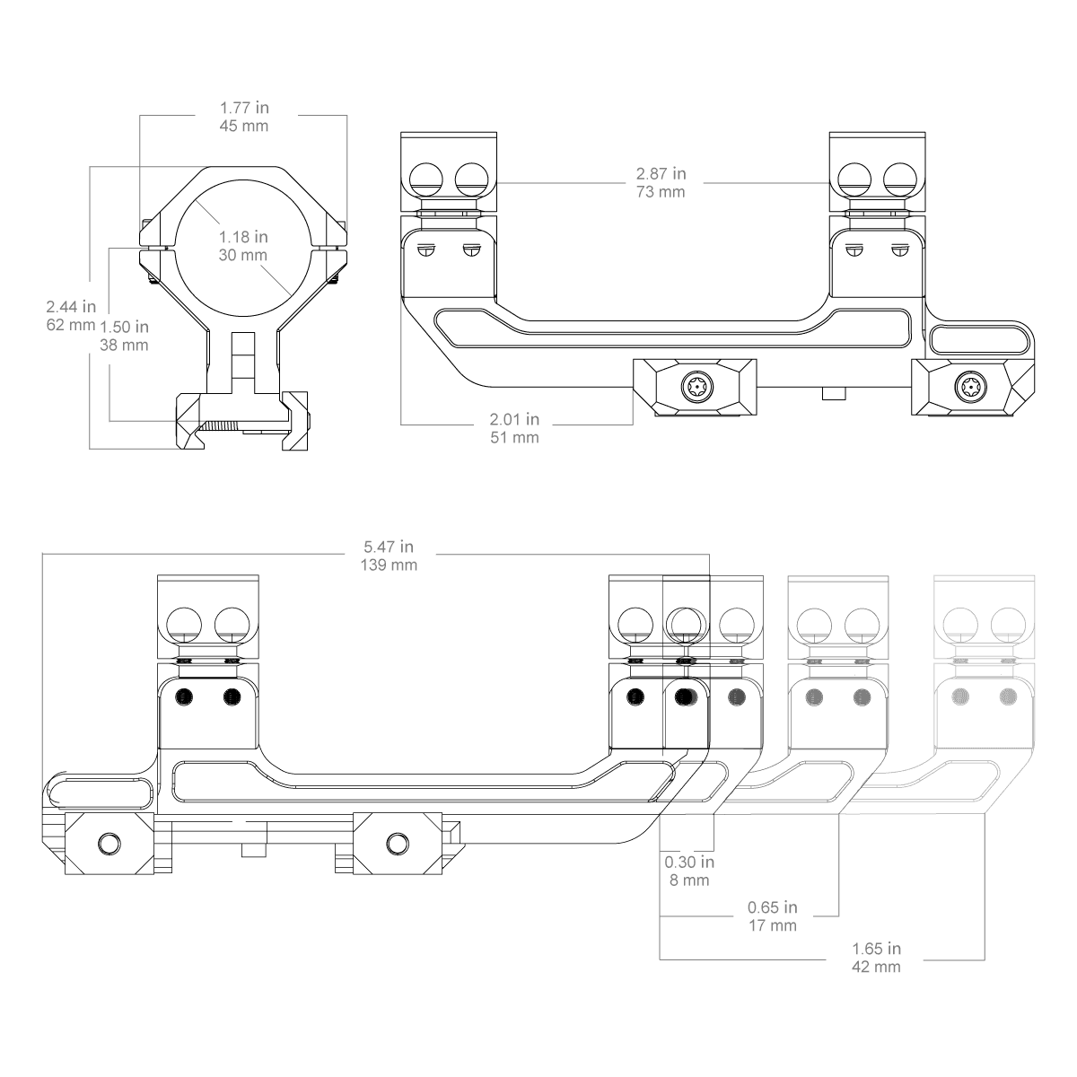 Technische Zeichnung der Cantilever-Montage mit genauen Maßen, zeigt 38mm Höhe, 30mm Rohrdurchmesser und 1.65 Zoll Verstellbereich.