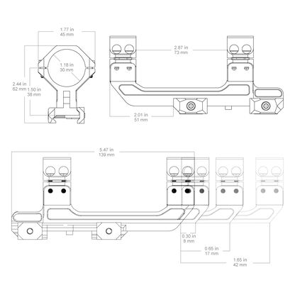 Technische Zeichnung der Cantilever-Montage mit genauen Maßen, zeigt 38mm Höhe, 30mm Rohrdurchmesser und 1.65 Zoll Verstellbereich.
