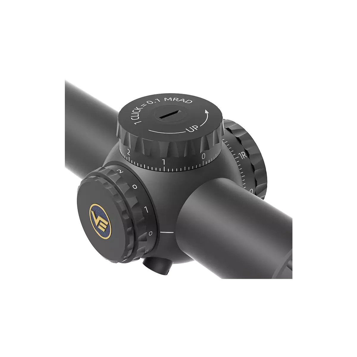Detailansicht der taktischen Türme des Tauron 1-6x24 FFP Zielfernrohrs mit 0.1 MRAD Klickverstellung für präzise Justierung.