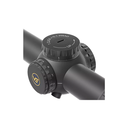 Detailansicht der taktischen Türme des Tauron 1-6x24 FFP Zielfernrohrs mit 0.1 MRAD Klickverstellung für präzise Justierung.