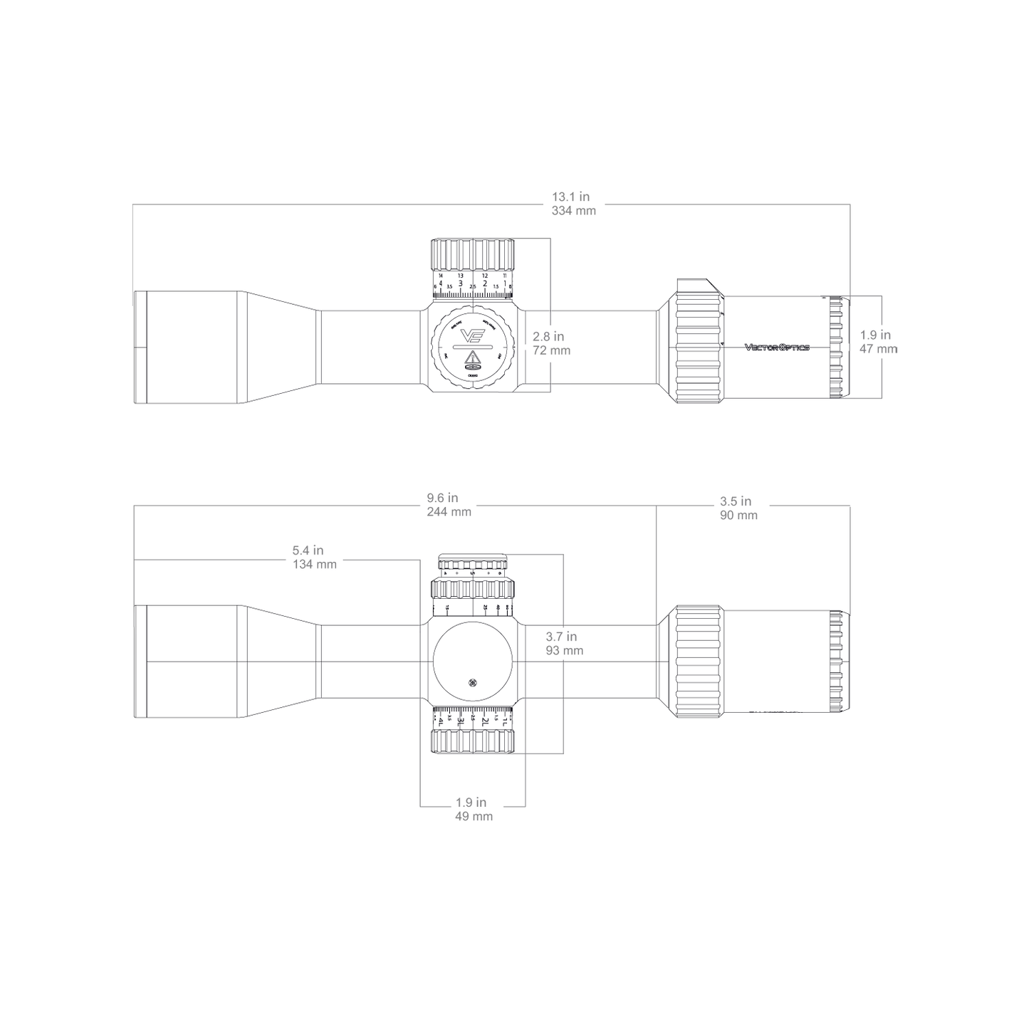 Technische Zeichnung des Tauron 4-16x44 Scope - Vector Optics Zielfernrohrs mit Maßangaben zur Montage und Kompatibilität.