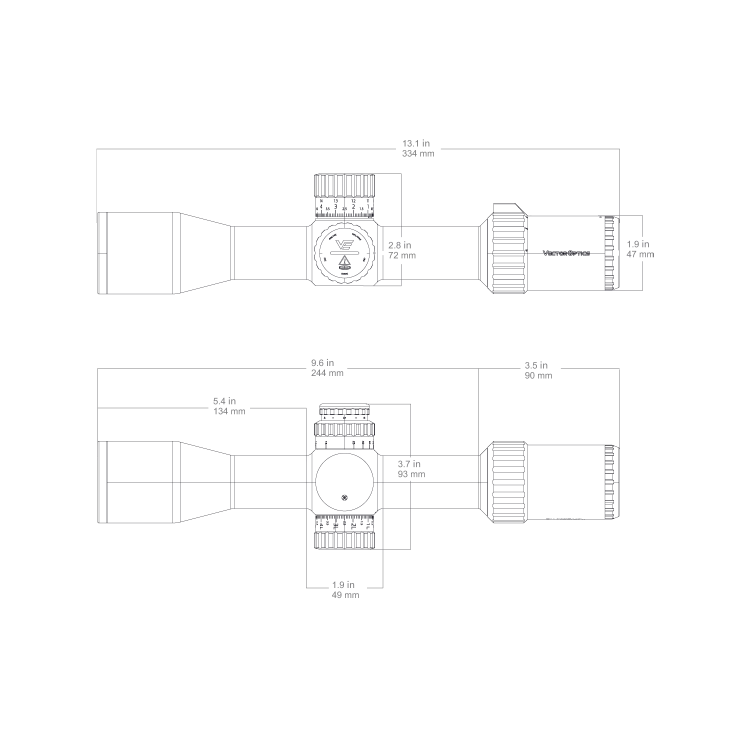 Technische Zeichnung des Tauron 4-16x44 Scope - Vector Optics Zielfernrohrs mit Maßangaben zur Montage und Kompatibilität.