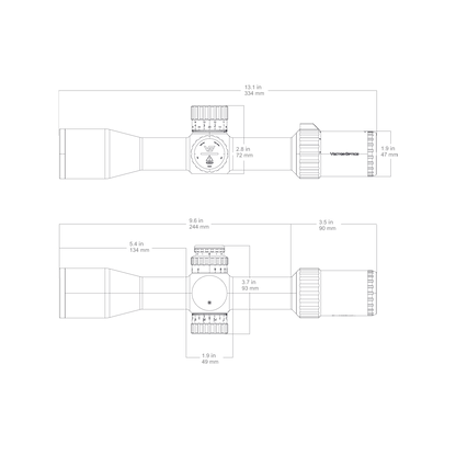 Technische Zeichnung des Tauron 4-16x44 Scope - Vector Optics Zielfernrohrs mit Maßangaben zur Montage und Kompatibilität.
