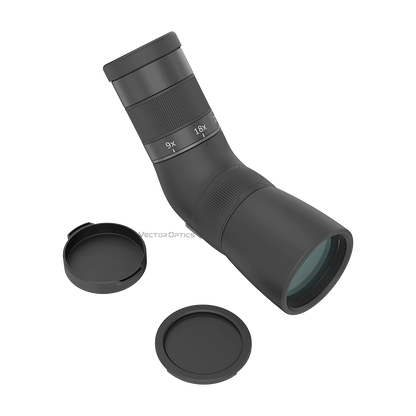 Paragon 9-27x56ED Spotting Scope mit abgenommenen Objektivdeckeln. ED-Glas und FMC-Linsen für gestochen scharfe Bilder im kompakten Format.