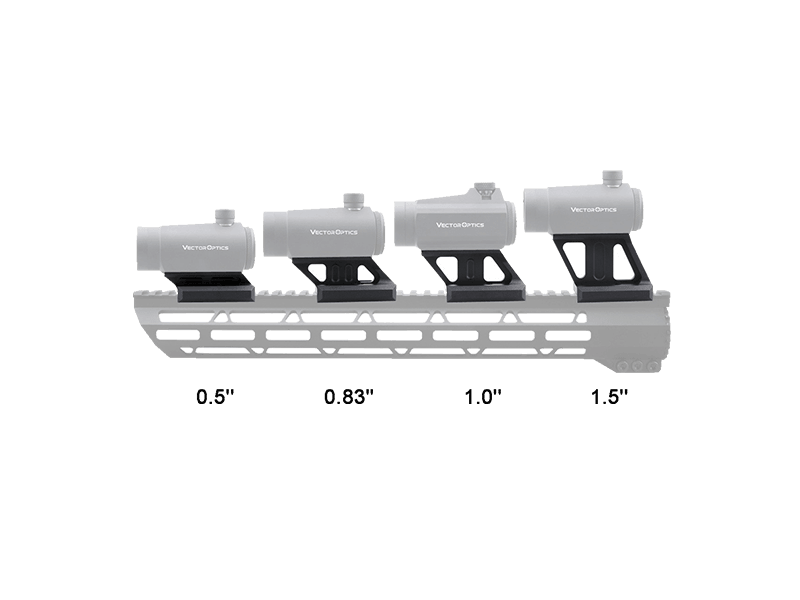 Vergleich verschiedener Höhenoptionen der MAV-P08 Picatinny Riser Mount für RUM T1/T2 Optiken, ideal zur individuellen Anpassung der Zielhöhe.