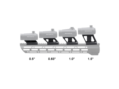 Vergleich verschiedener Höhenoptionen der MAV-P08 Picatinny Riser Mount für RUM T1/T2 Optiken, ideal zur individuellen Anpassung der Zielhöhe.
