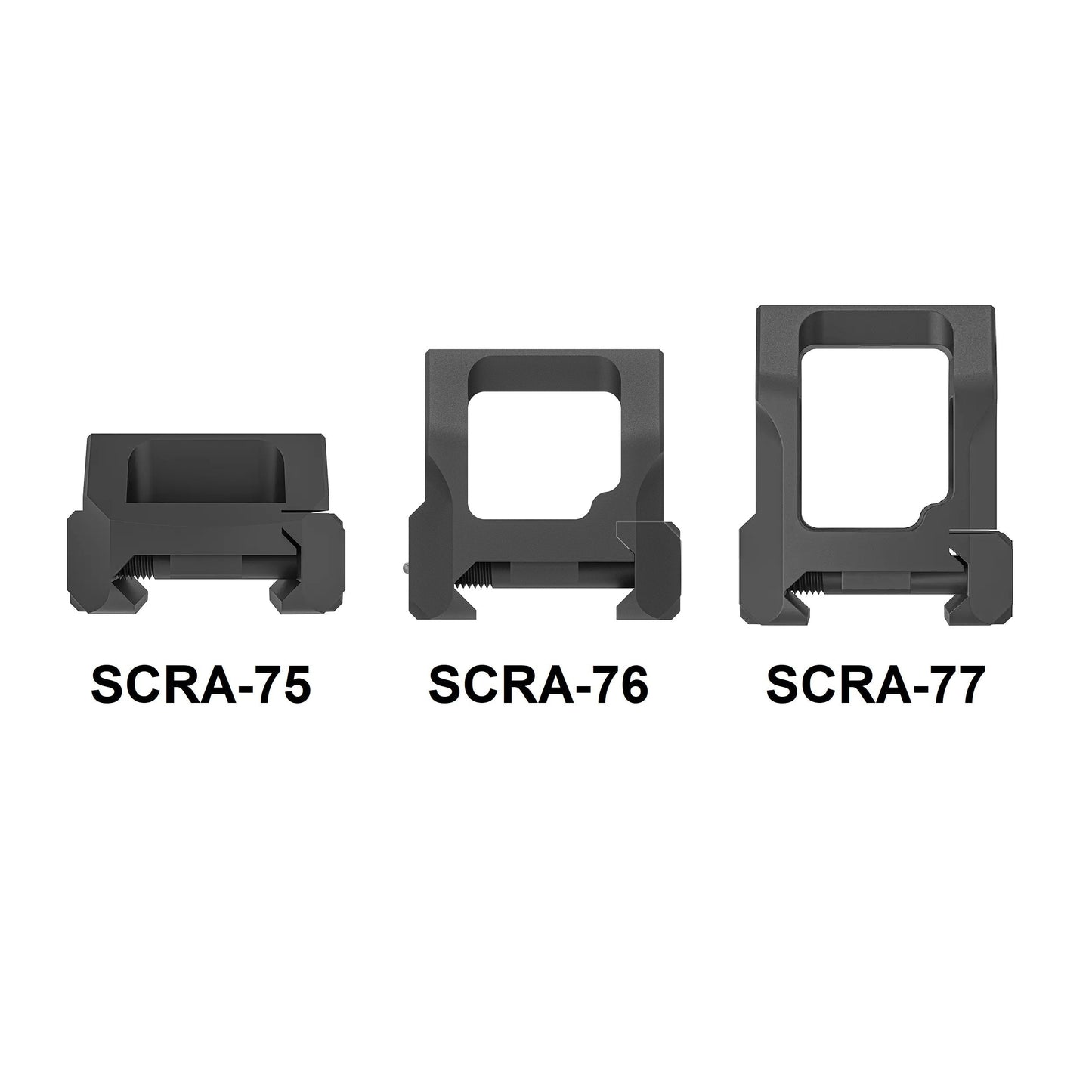 Frontansicht der VAS™ Red Dot Sight Picatinny Montagen SCRA-75, SCRA-76 und SCRA-77 mit unterschiedlichen Höhen für präzise Zielausrichtung.