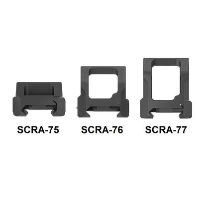 Frontansicht der VAS™ Red Dot Sight Picatinny Montagen SCRA-75, SCRA-76 und SCRA-77 mit unterschiedlichen Höhen für präzise Zielausrichtung.