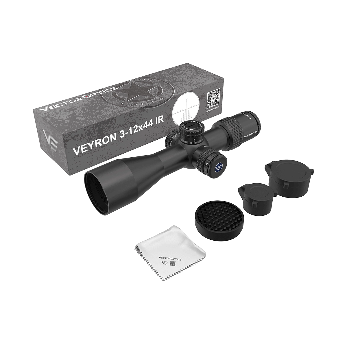 Veyron 3–12×44 IR Zielfernrohr – Komplettset mit Schutzkappen, Reinigungstuch und Verpackung, ideal für den sofortigen Einsatz im Feld.
