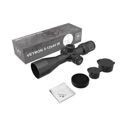 Veyron 3–12×44 IR Zielfernrohr – Komplettset mit Schutzkappen, Reinigungstuch und Verpackung, ideal für den sofortigen Einsatz im Feld.
