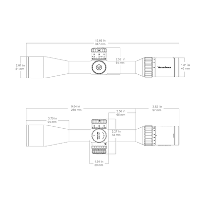 Technische Zeichnung des Continental X8 2–16x44 ED SFP mit genauen Abmessungen für Montage und Kompatibilität mit Montagesystemen.