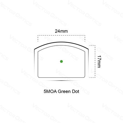 Technische Zeichnung des Frenzy-S Red Dot Sights mit 24x17mm Sichtfeld und 5MOA grünem Punkt für optimale Zielerfassung.