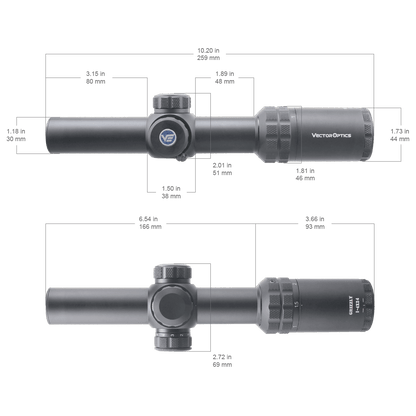 Technische Zeichnung des Grizzly 1–4×24 Zielfernrohrs mit detaillierten Abmessungen für präzise Montageplanung.