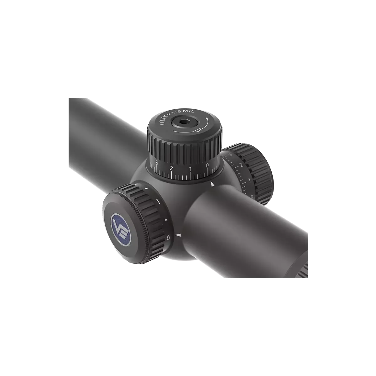 Detailansicht der Justiertürme des Forester 1-5x24 SFP Fiber (SCOC-54), präzise Höhen- und Seitenverstellung für taktische Genauigkeit.