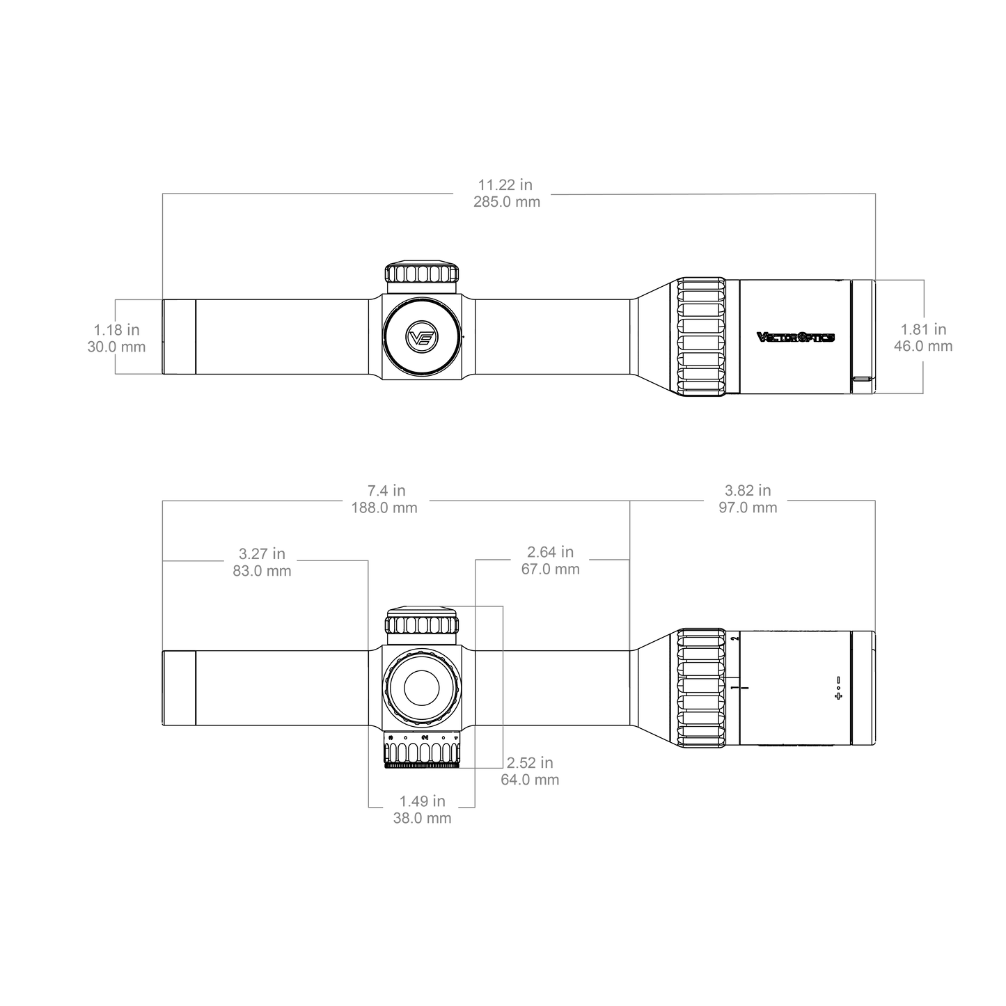 Technische Zeichnung des Continental X8 1–8×24 SFP Zielfernrohrs mit genauen Abmessungen für optimale Waffenkompatibilität.