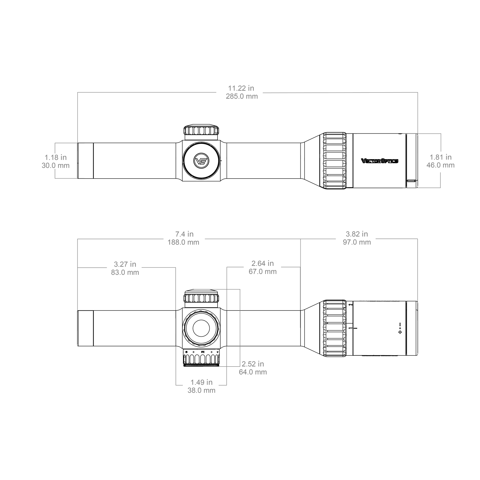Technische Zeichnung des Continental X8 1–8×24 SFP Zielfernrohrs mit genauen Abmessungen für optimale Waffenkompatibilität.