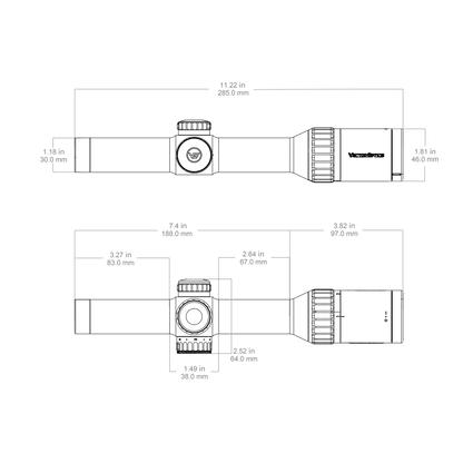 Technische Zeichnung des Continental X8 1–8×24 SFP Zielfernrohrs mit genauen Abmessungen für optimale Waffenkompatibilität.