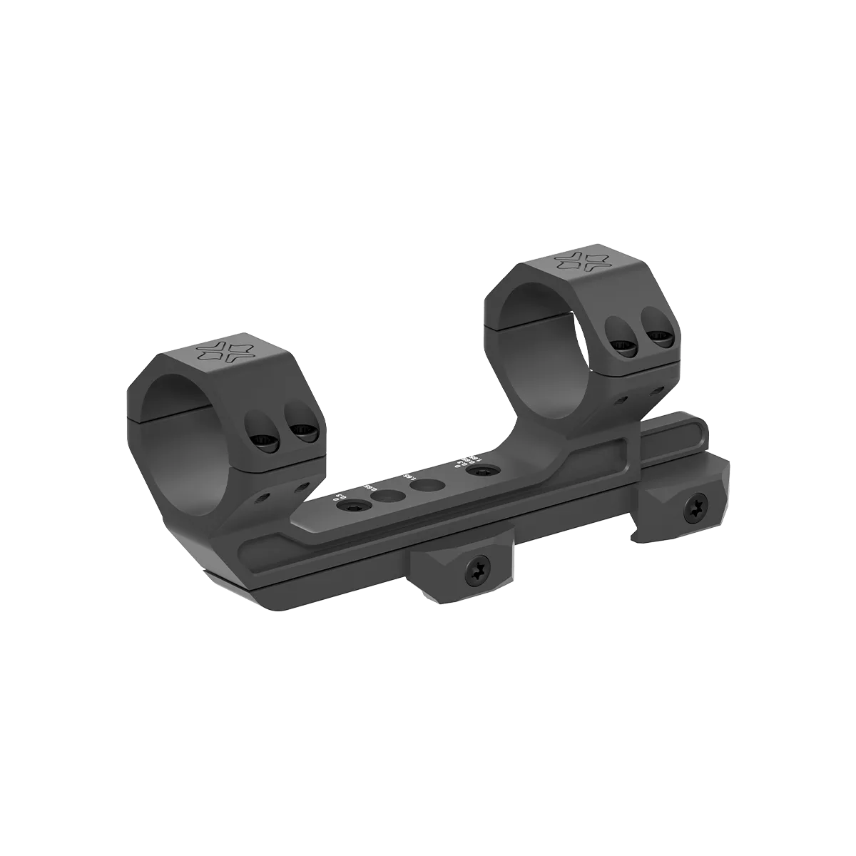 Seitliche Ansicht der Cantilever Picatinny-Montage mit 30mm Rohraufnahme, verstellbar bis 1.65 Zoll, aus CNC-gefrästem Aluminium.