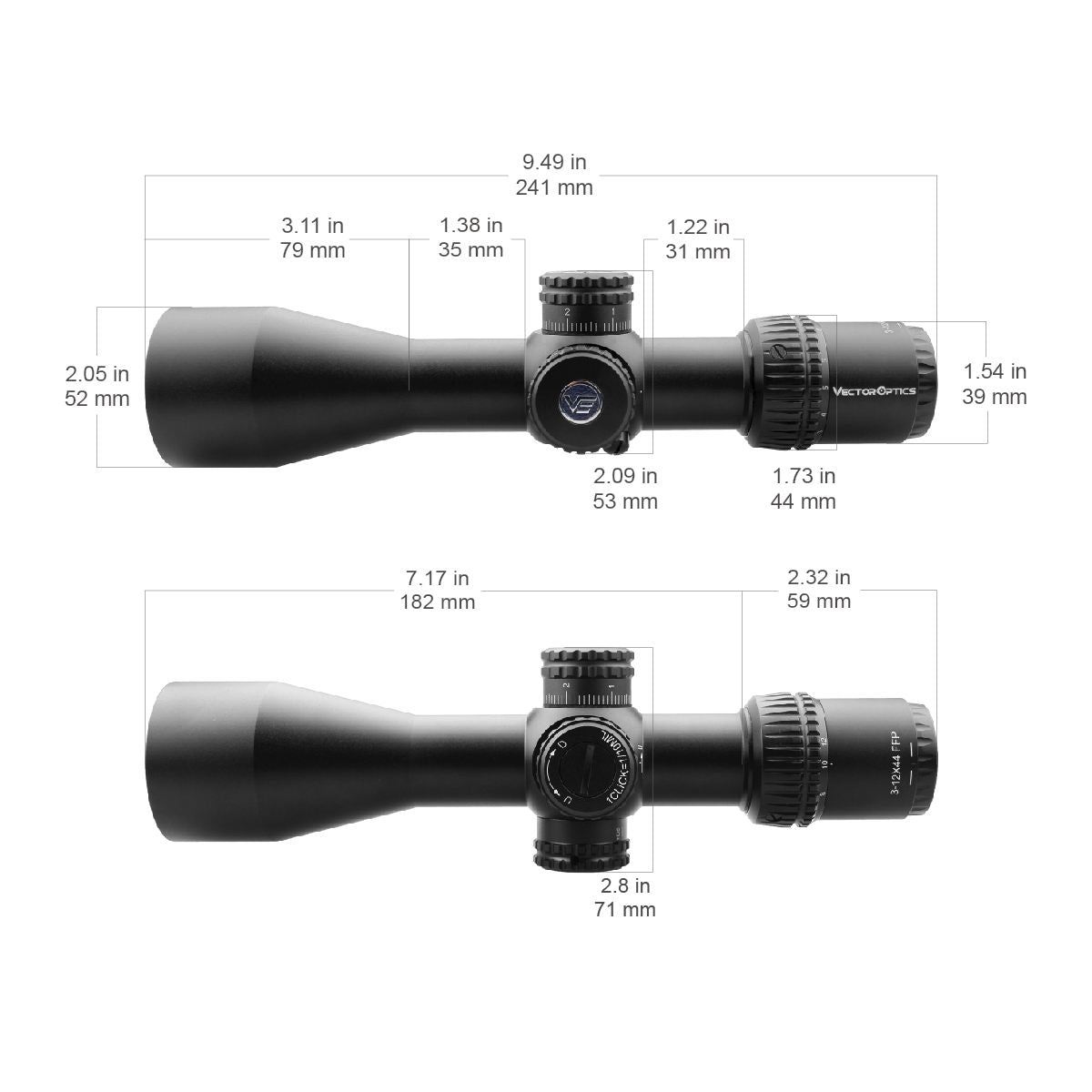 Technische Maße des Veyron 3-12x44 FFP Zielfernrohrs mit kompaktem Aufbau und 44mm Objektivdurchmesser.