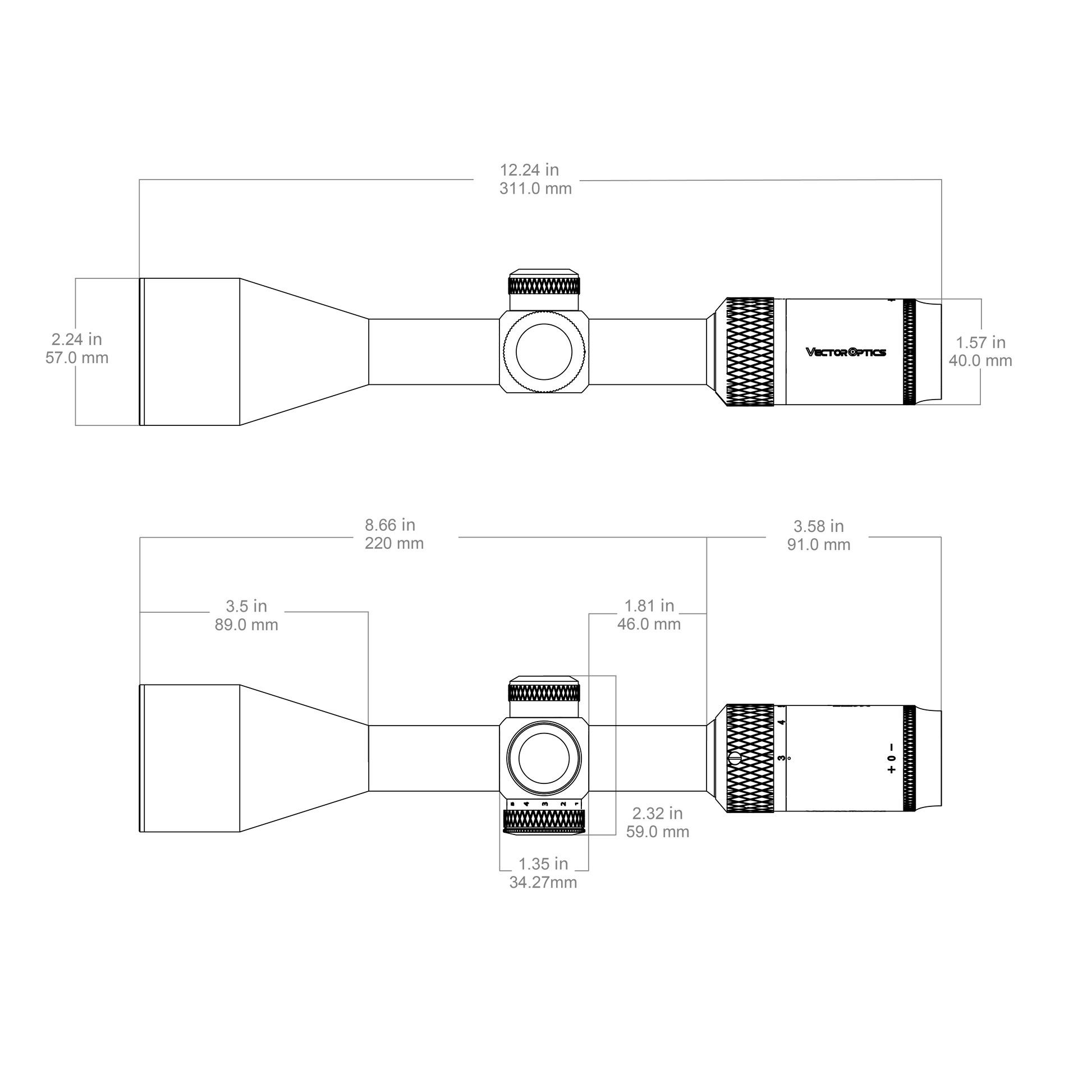 Technische Zeichnung des Matiz 3–9x50 SFP (SCOM-28) mit detaillierten Abmessungen für optimale Montage auf Jagd- und Sportwaffen.