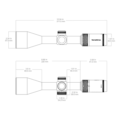 Technische Zeichnung des Matiz 3–9x50 SFP (SCOM-28) mit detaillierten Abmessungen für optimale Montage auf Jagd- und Sportwaffen.