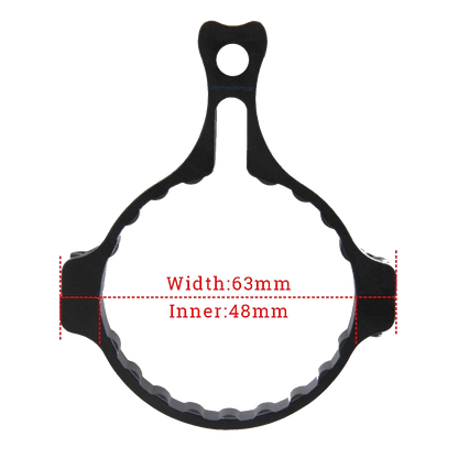 Technische Ansicht des Verstellrings mit Zoomhebel für Zielfernrohr, 48 mm Innendurchmesser und 58 mm Breite, aus robustem Aluminium gefertigt.