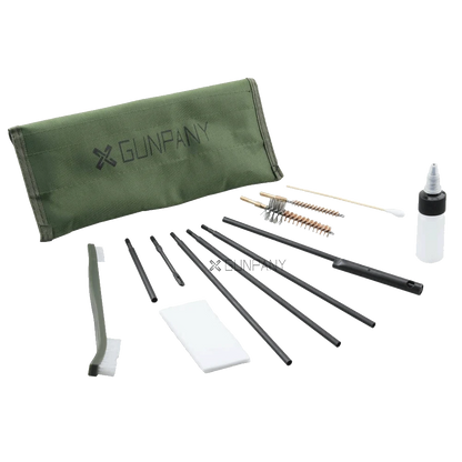 AR15 Feldreinigungsset - AR15 Reinigungsset | 12-teilig mit Bürsten, Reinigungsstäbchen und leerer Ölflasche in robuster grüner Tasche.