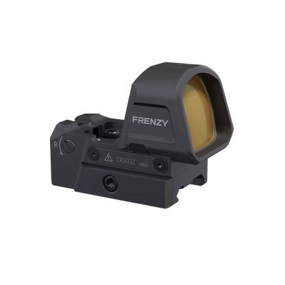 Seitliche Ansicht des Frenzy 1x26x32 6MOA (SCRD-79) von Vector Optics mit Batteriefach und Bedienelementen für Waffenmontage.